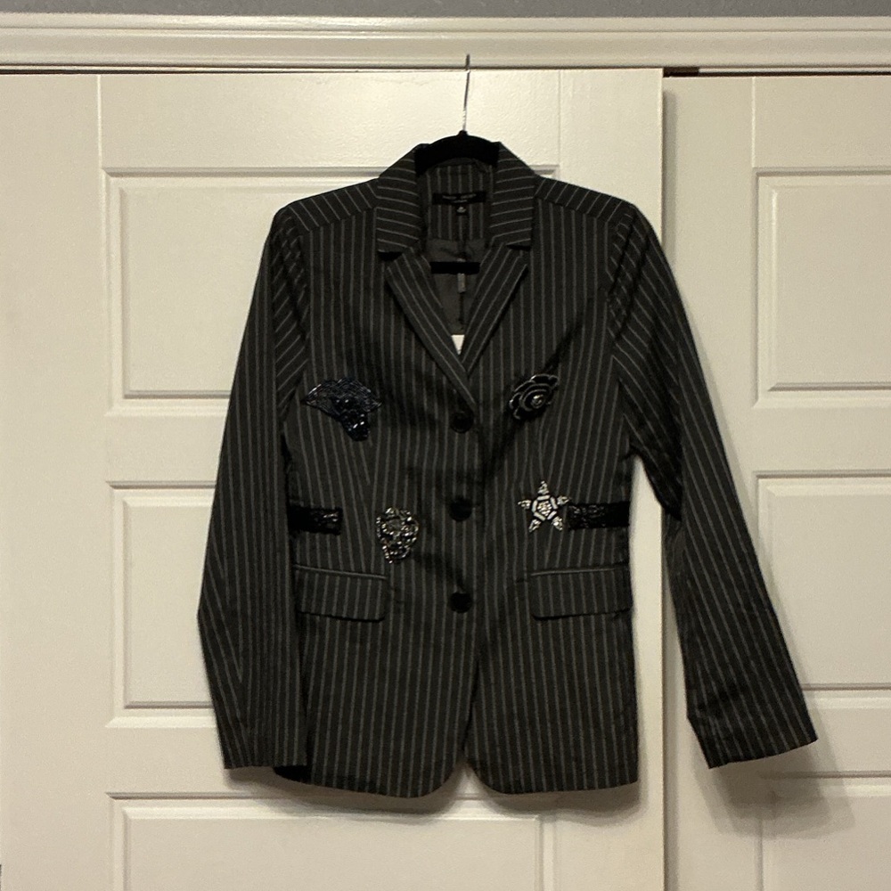 Romeo & Juliet Couture Black Striped Blazer with Embellishments